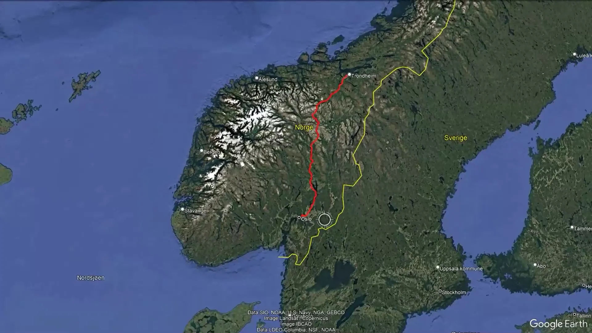 Google Earth kart over sykkelrute gjennom Norge fra sør til nord