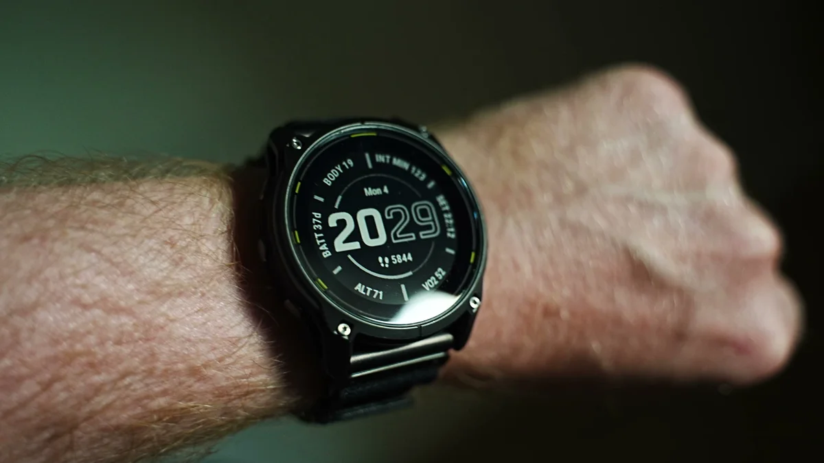 Garmin Enduro 3 on wrist showing data fields